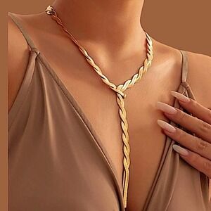 Y Lariat Gold Plated Twisted Herringbone Adjustable Resizable Necklace
